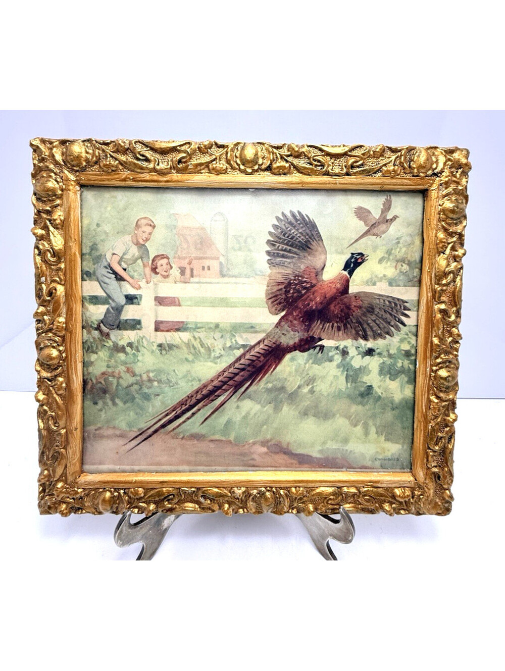 Vtg Antique Gesso Wood Picture Frame Gold Handmade Tractor Calendar 1953 August